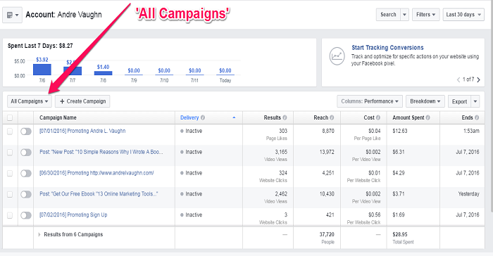 Facebook Ads Manager All Campaigns