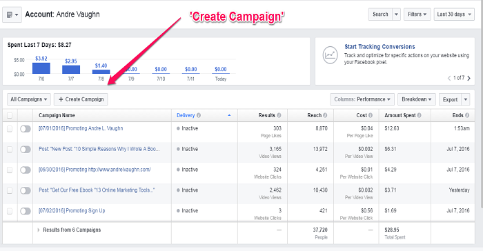 Facebook Ads manager Create Campaign